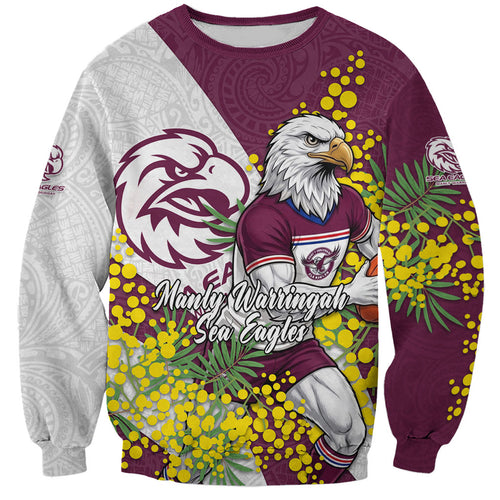 Manly Warringah Sea Eagles Sweatshirt Golden Wattle Floral Polynesian - Australian Flower - Rugby Mascot