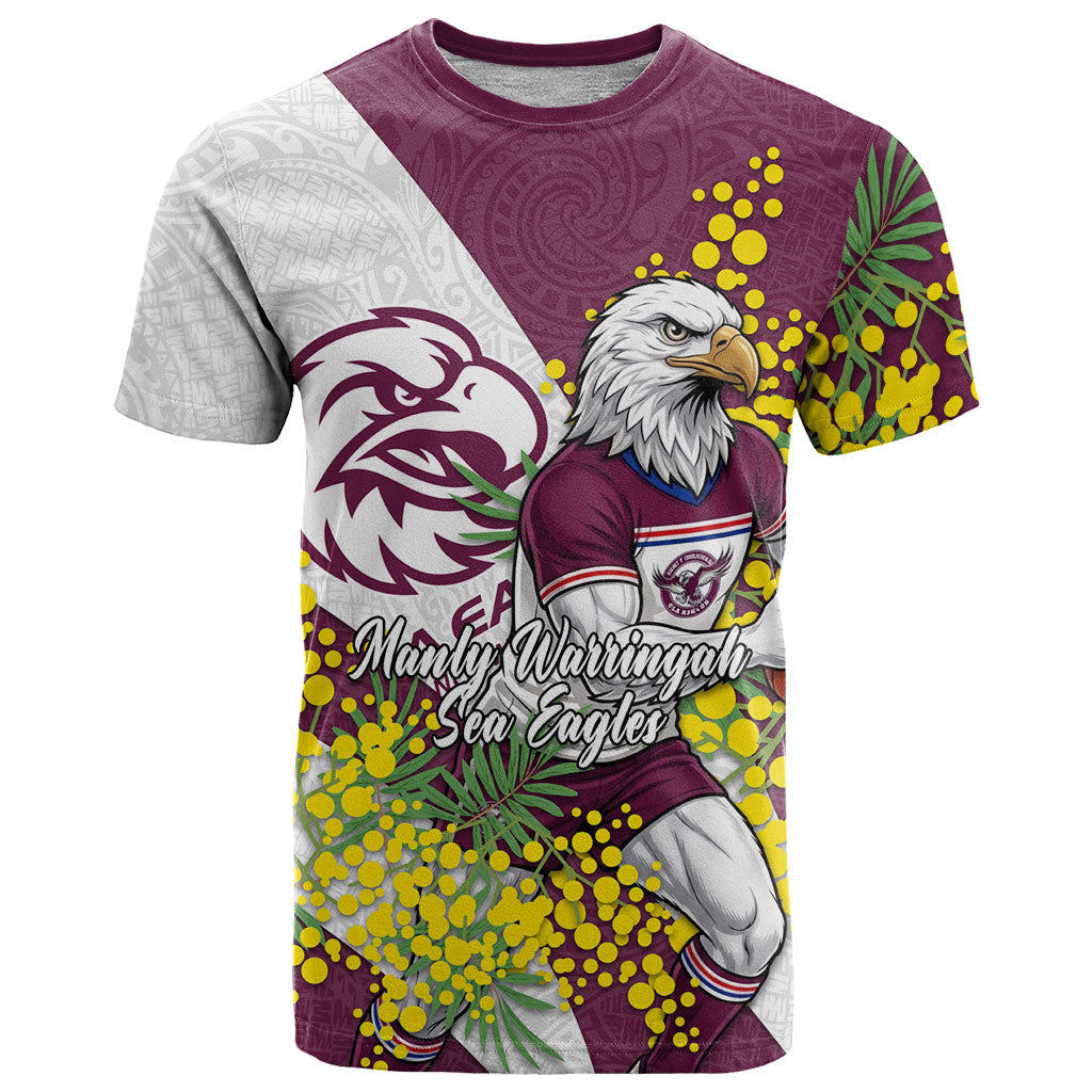 Manly Warringah Sea Eagles T Shirt Golden Wattle Floral Polynesian - Australian Flower - Rugby Mascot