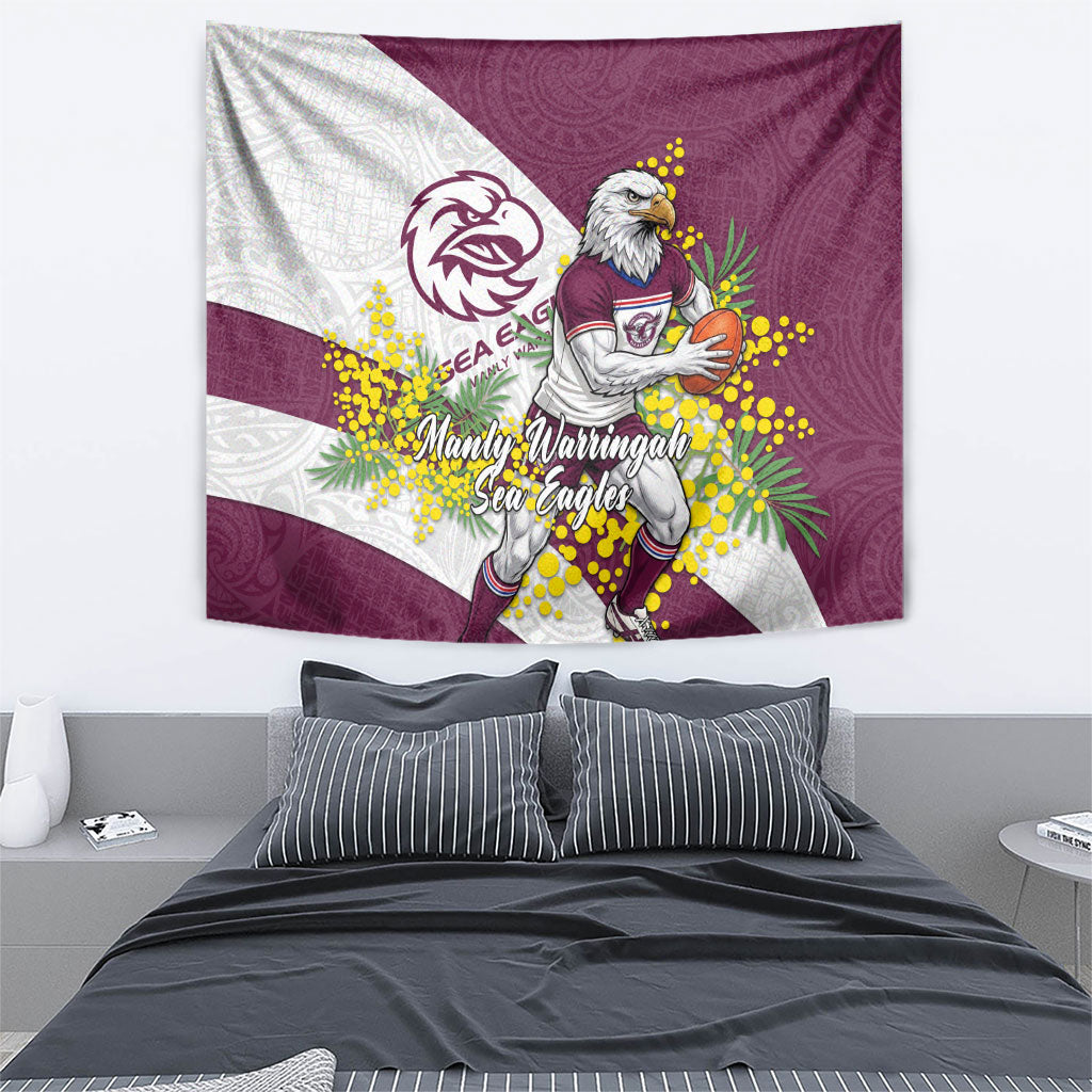 Manly Warringah Sea Eagles Tapestry Golden Wattle Floral Polynesian - Australian Flower - Rugby Mascot