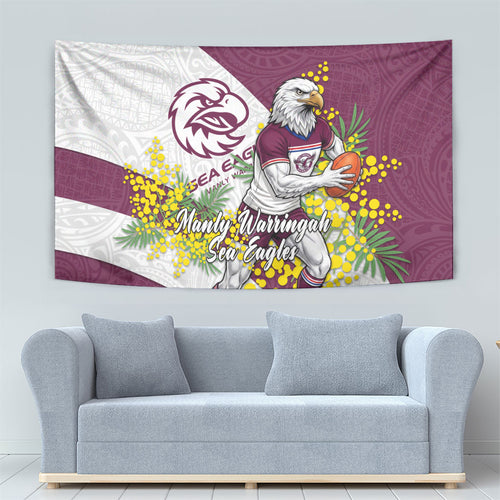Manly Warringah Sea Eagles Tapestry Golden Wattle Floral Polynesian - Australian Flower - Rugby Mascot