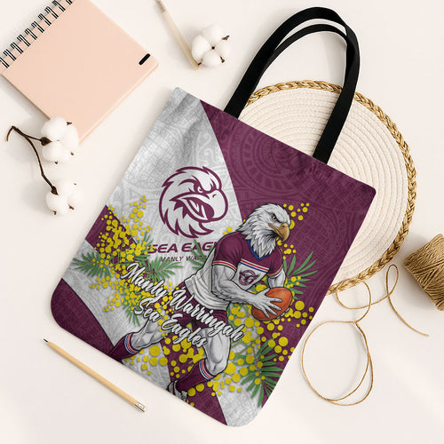 Manly Warringah Sea Eagles Tote Bag Golden Wattle Floral Polynesian - Australian Flower - Rugby Mascot