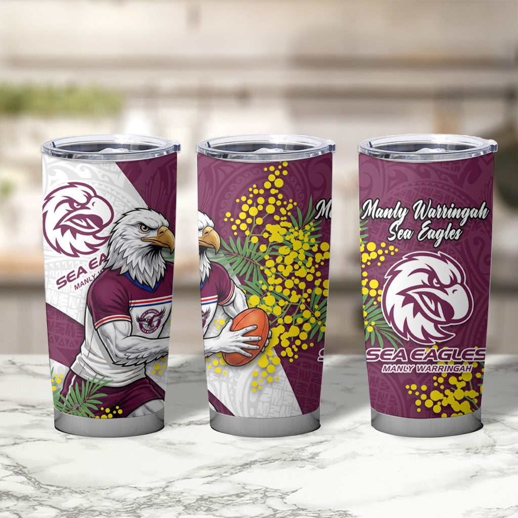 Manly Warringah Sea Eagles Tumbler Cup Golden Wattle Floral Polynesian - Australian Flower - Rugby Mascot