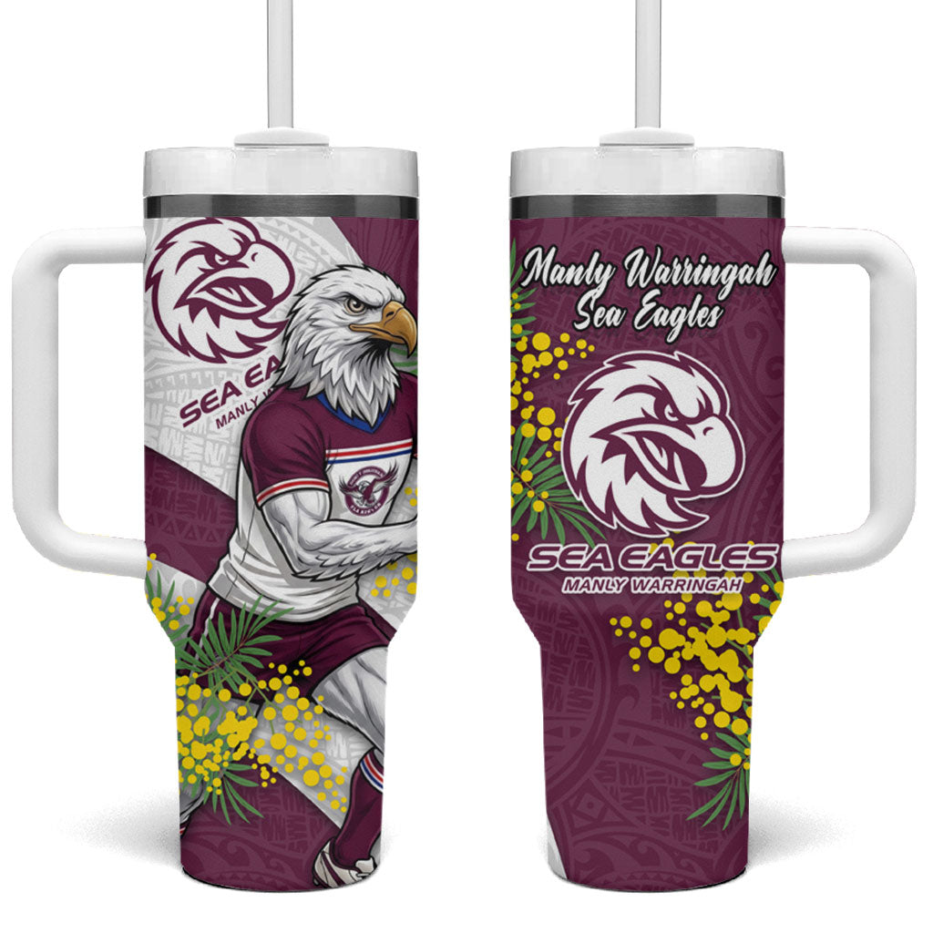 Manly Warringah Sea Eagles Tumbler With Handle Golden Wattle Floral Polynesian - Australian Flower - Rugby Mascot