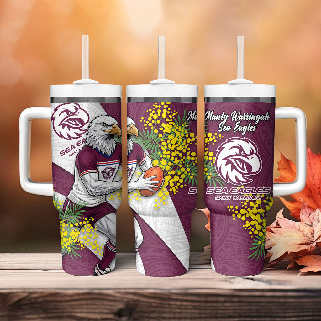 Manly Warringah Sea Eagles Tumbler With Handle Golden Wattle Floral Polynesian - Australian Flower - Rugby Mascot