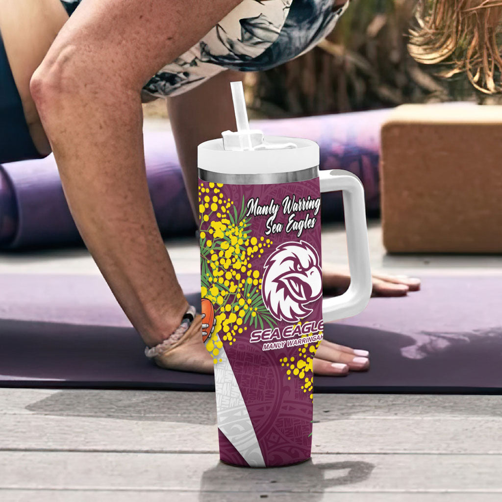 Manly Warringah Sea Eagles Tumbler With Handle Golden Wattle Floral Polynesian - Australian Flower - Rugby Mascot
