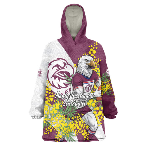 Manly Warringah Sea Eagles Wearable Blanket Hoodie Golden Wattle Floral Polynesian - Australian Flower - Rugby Mascot