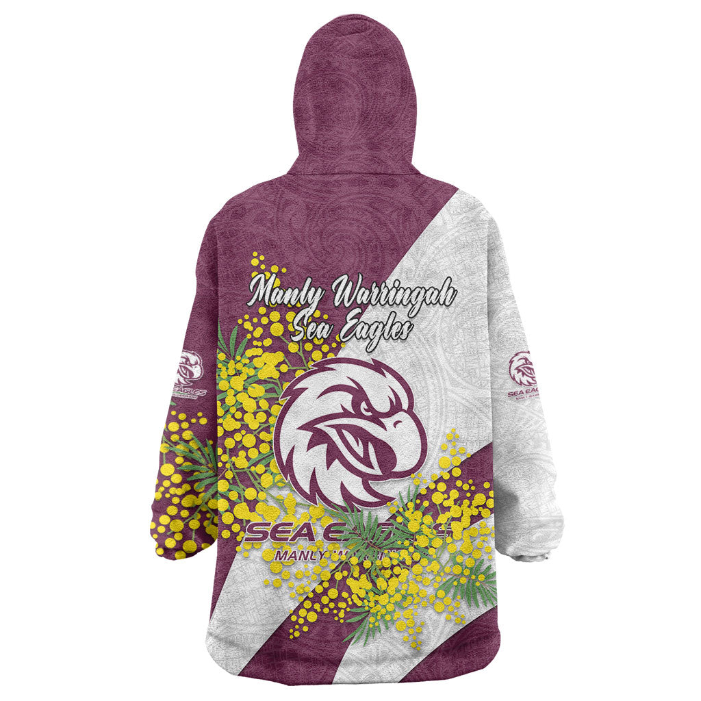 Manly Warringah Sea Eagles Wearable Blanket Hoodie Golden Wattle Floral Polynesian - Australian Flower - Rugby Mascot