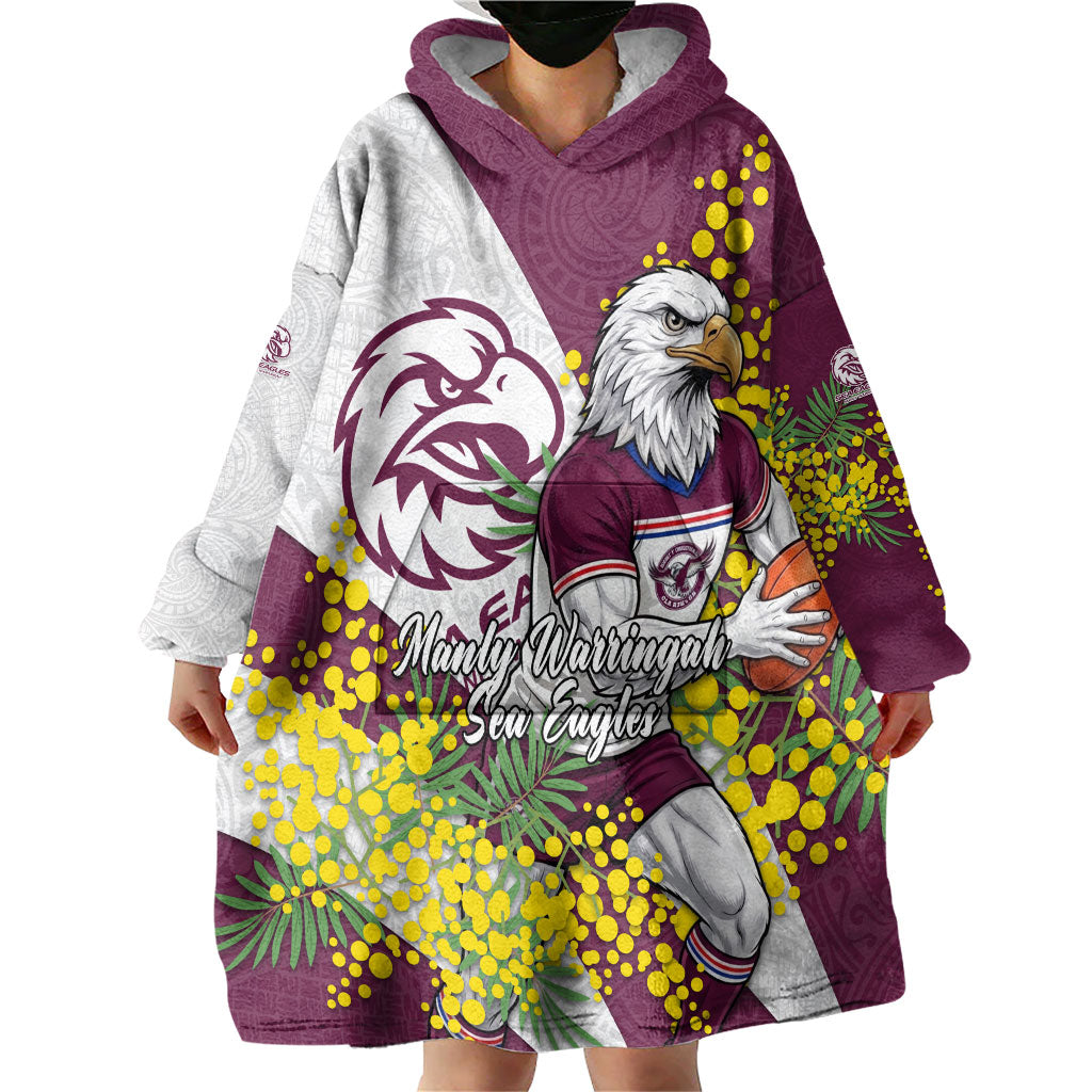 Manly Warringah Sea Eagles Wearable Blanket Hoodie Golden Wattle Floral Polynesian - Australian Flower - Rugby Mascot