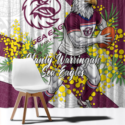 Manly Warringah Sea Eagles Window Curtain Golden Wattle Floral Polynesian - Australian Flower - Rugby Mascot