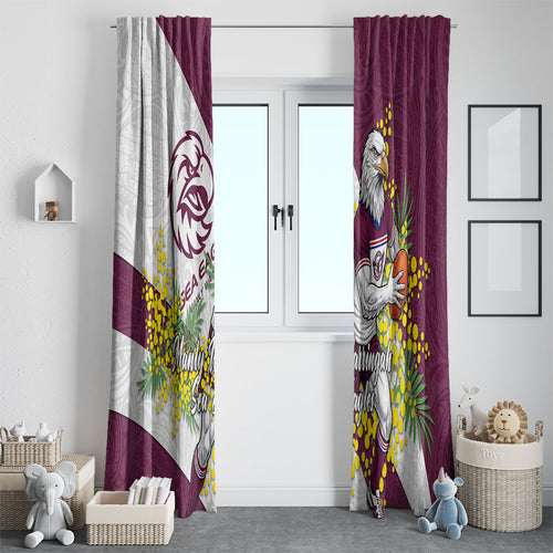 Manly Warringah Sea Eagles Window Curtain Golden Wattle Floral Polynesian - Australian Flower - Rugby Mascot