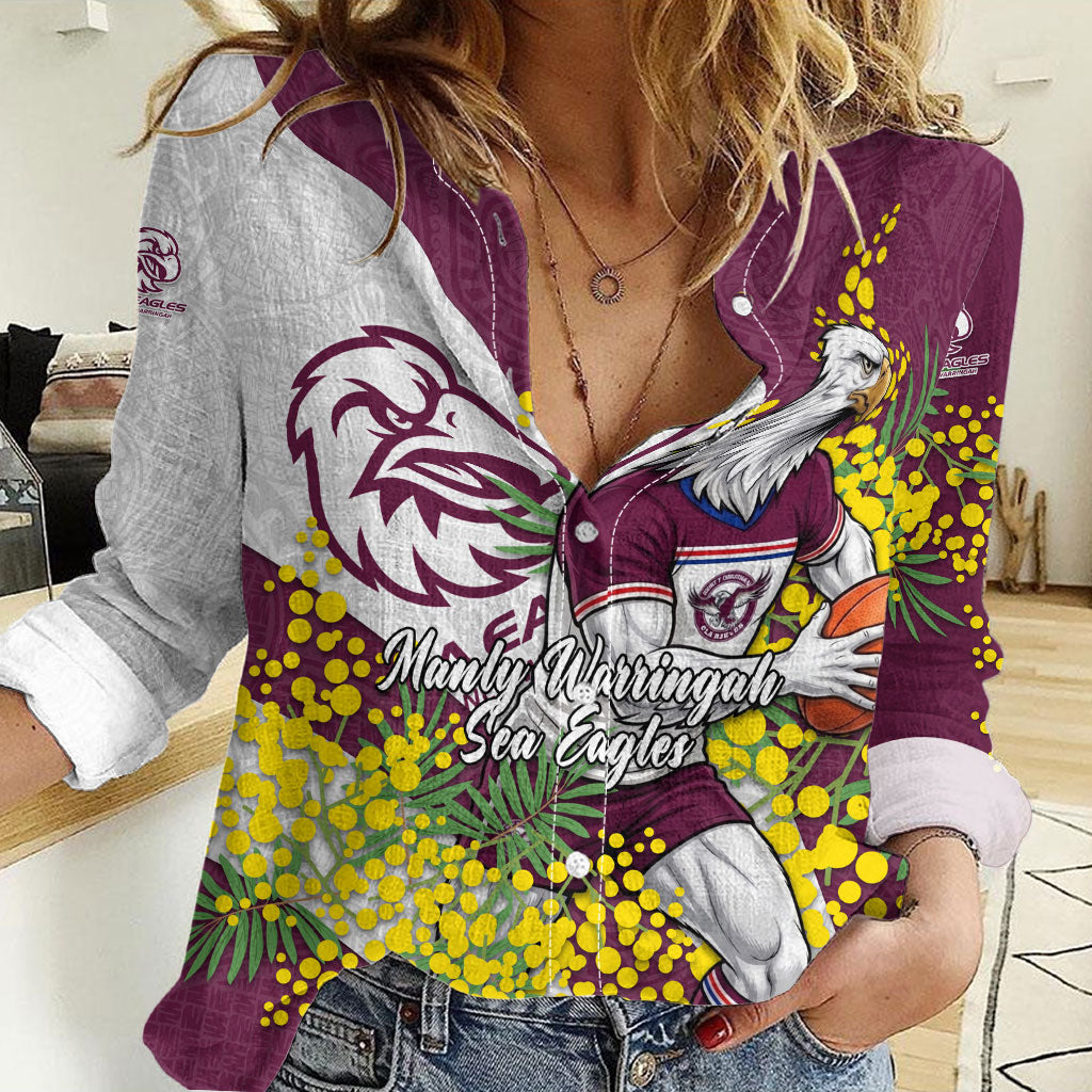 Manly Warringah Sea Eagles Women Casual Shirt Golden Wattle Floral Polynesian - Australian Flower - Rugby Mascot