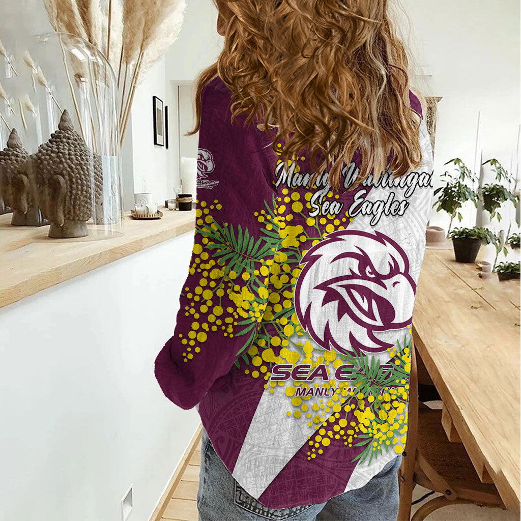 Manly Warringah Sea Eagles Women Casual Shirt Golden Wattle Floral Polynesian - Australian Flower - Rugby Mascot
