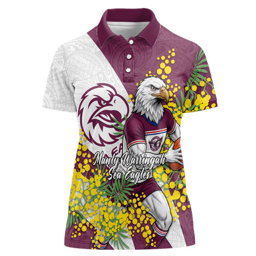 Manly Warringah Sea Eagles Women Polo Shirt Golden Wattle Floral Polynesian - Australian Flower - Rugby Mascot