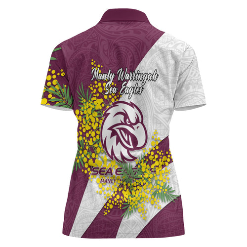 Manly Warringah Sea Eagles Women Polo Shirt Golden Wattle Floral Polynesian - Australian Flower - Rugby Mascot