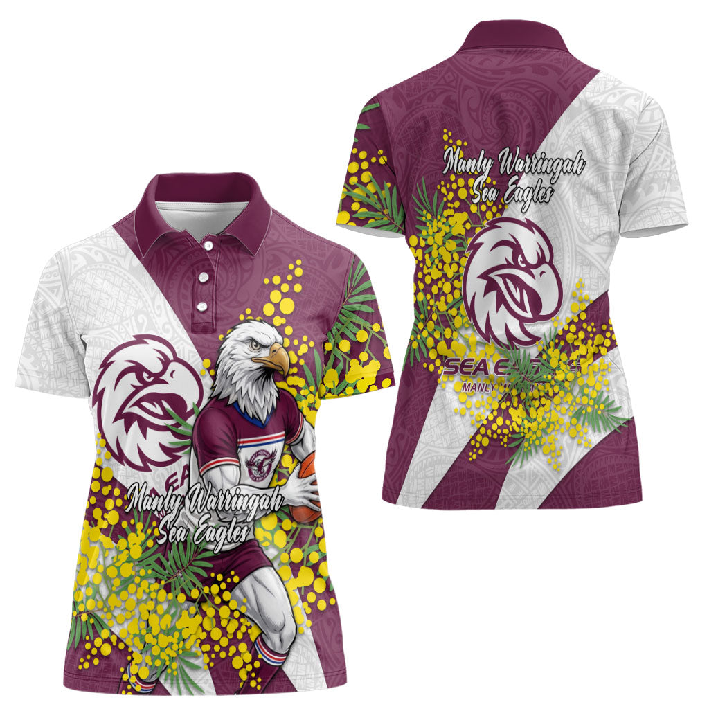 Manly Warringah Sea Eagles Women Polo Shirt Golden Wattle Floral Polynesian - Australian Flower - Rugby Mascot