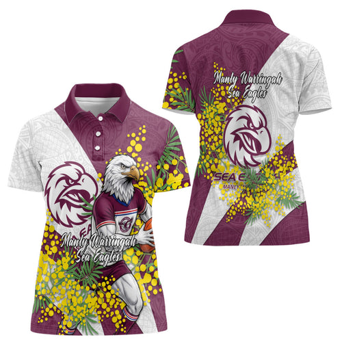 Manly Warringah Sea Eagles Women Polo Shirt Golden Wattle Floral Polynesian - Australian Flower - Rugby Mascot