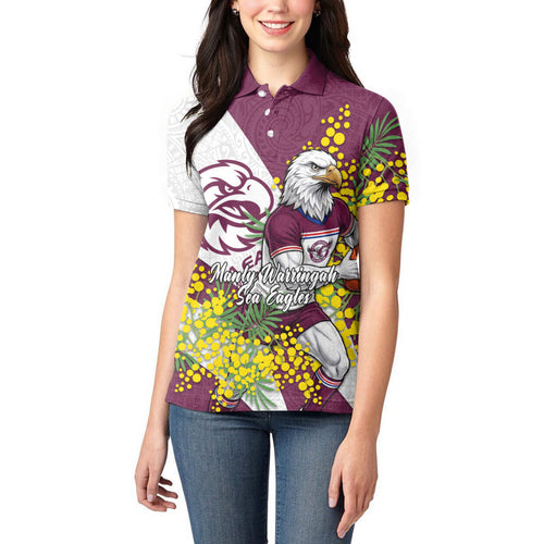 Manly Warringah Sea Eagles Women Polo Shirt Golden Wattle Floral Polynesian - Australian Flower - Rugby Mascot