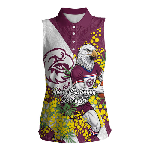 Manly Warringah Sea Eagles Women Sleeveless Polo Shirt Golden Wattle Floral Polynesian - Australian Flower - Rugby Mascot