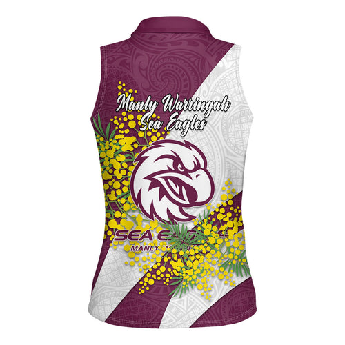 Manly Warringah Sea Eagles Women Sleeveless Polo Shirt Golden Wattle Floral Polynesian - Australian Flower - Rugby Mascot