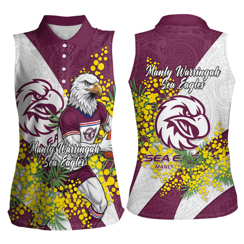 Manly Warringah Sea Eagles Women Sleeveless Polo Shirt Golden Wattle Floral Polynesian - Australian Flower - Rugby Mascot