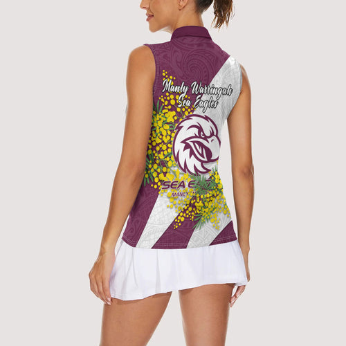 Manly Warringah Sea Eagles Women Sleeveless Polo Shirt Golden Wattle Floral Polynesian - Australian Flower - Rugby Mascot