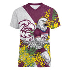 Manly Warringah Sea Eagles Women V-Neck T-Shirt Golden Wattle Floral Polynesian - Australian Flower - Rugby Mascot