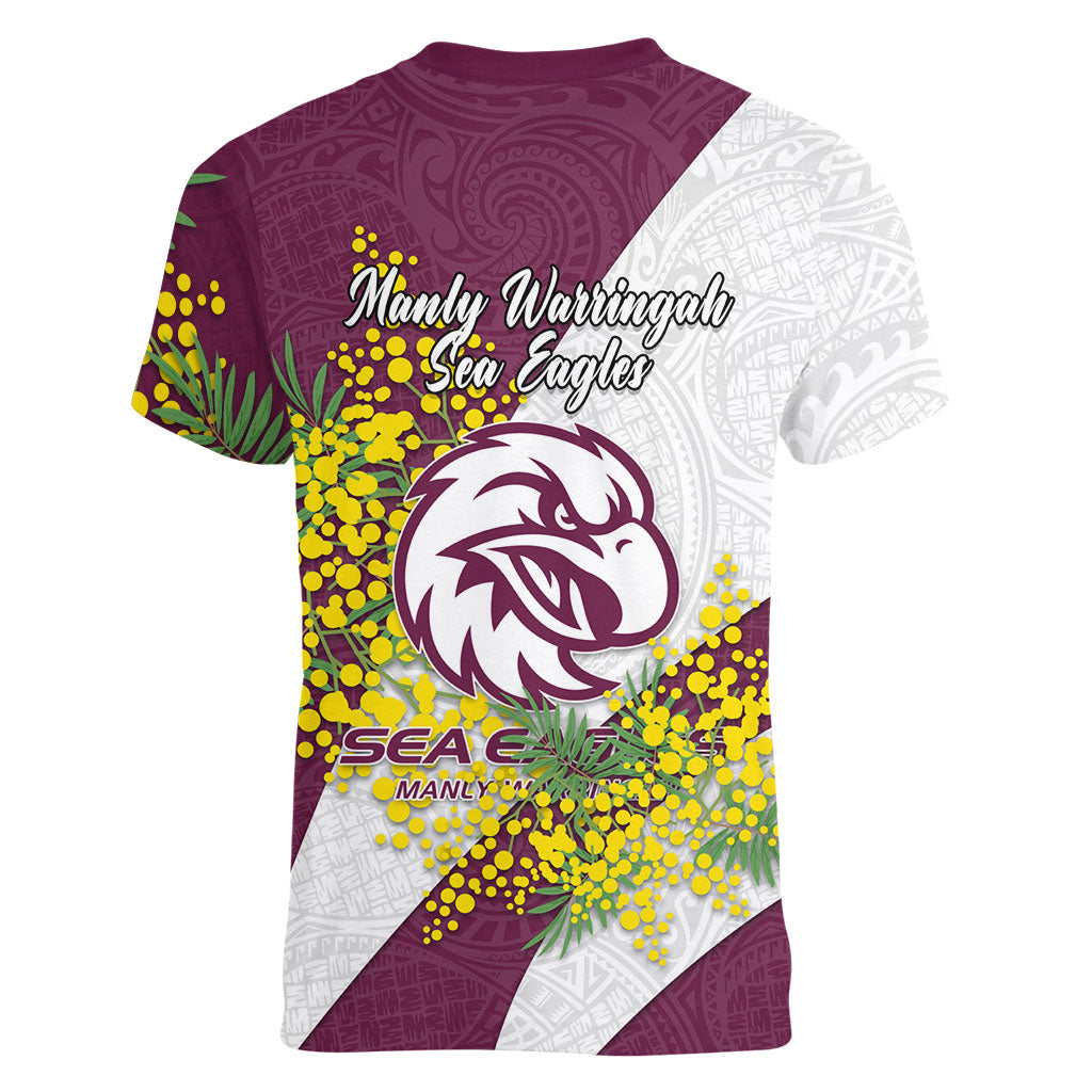 Manly Warringah Sea Eagles Women V-Neck T-Shirt Golden Wattle Floral Polynesian - Australian Flower - Rugby Mascot