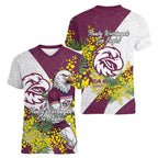 Manly Warringah Sea Eagles Women V-Neck T-Shirt Golden Wattle Floral Polynesian - Australian Flower - Rugby Mascot