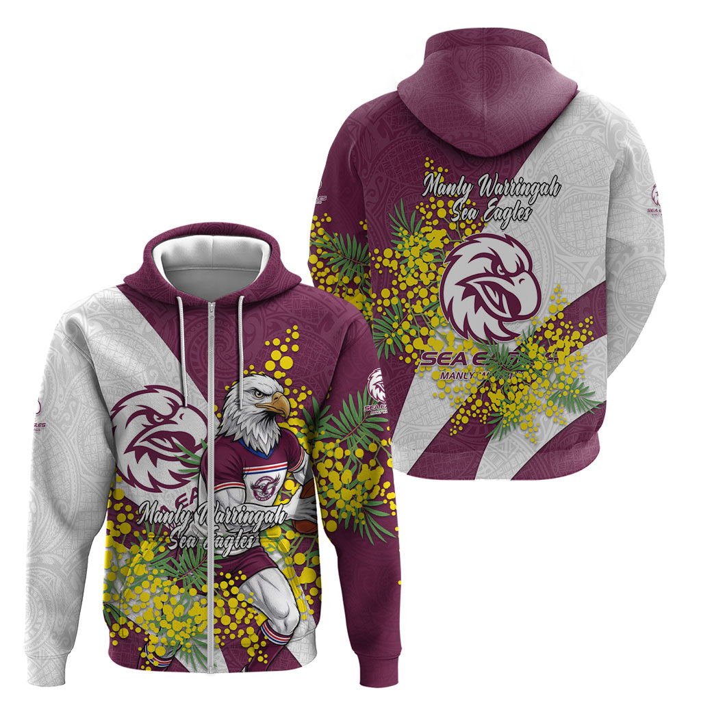 Manly Warringah Sea Eagles Zip Hoodie Golden Wattle Floral Polynesian - Australian Flower - Rugby Mascot
