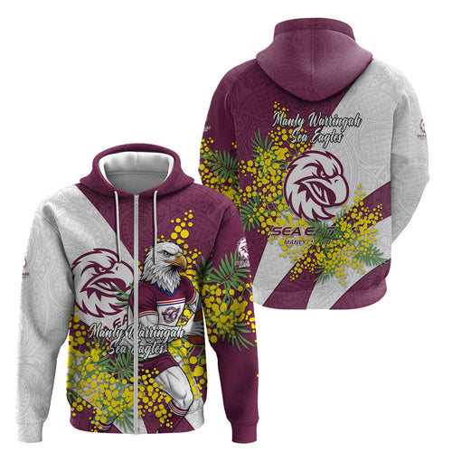 Manly Warringah Sea Eagles Zip Hoodie Golden Wattle Floral Polynesian - Australian Flower - Rugby Mascot