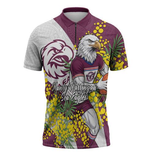 Manly Warringah Sea Eagles Zipper Polo Shirt Golden Wattle Floral Polynesian - Australian Flower - Rugby Mascot