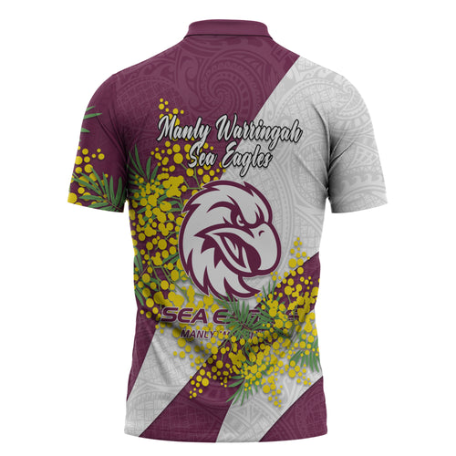 Manly Warringah Sea Eagles Zipper Polo Shirt Golden Wattle Floral Polynesian - Australian Flower - Rugby Mascot