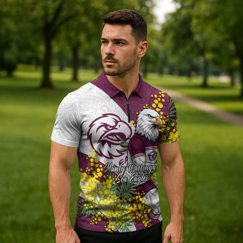 Manly Warringah Sea Eagles Zipper Polo Shirt Golden Wattle Floral Polynesian - Australian Flower - Rugby Mascot