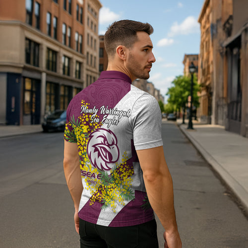Manly Warringah Sea Eagles Zipper Polo Shirt Golden Wattle Floral Polynesian - Australian Flower - Rugby Mascot