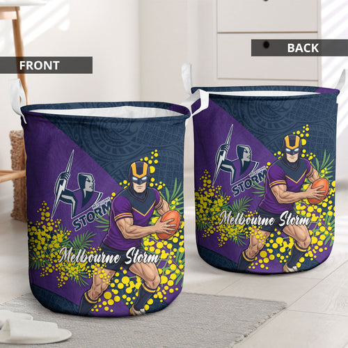 Melbourne Storm Laundry Basket Golden Wattle Floral Polynesian - Australian Flower - Rugby Mascot