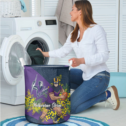 Melbourne Storm Laundry Basket Golden Wattle Floral Polynesian - Australian Flower - Rugby Mascot