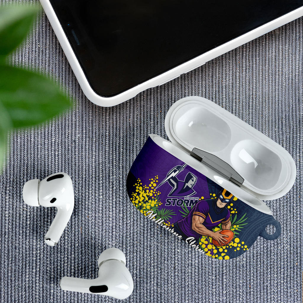 Melbourne Storm AirPods Case Golden Wattle Floral Polynesian - Australian Flower - Rugby Mascot