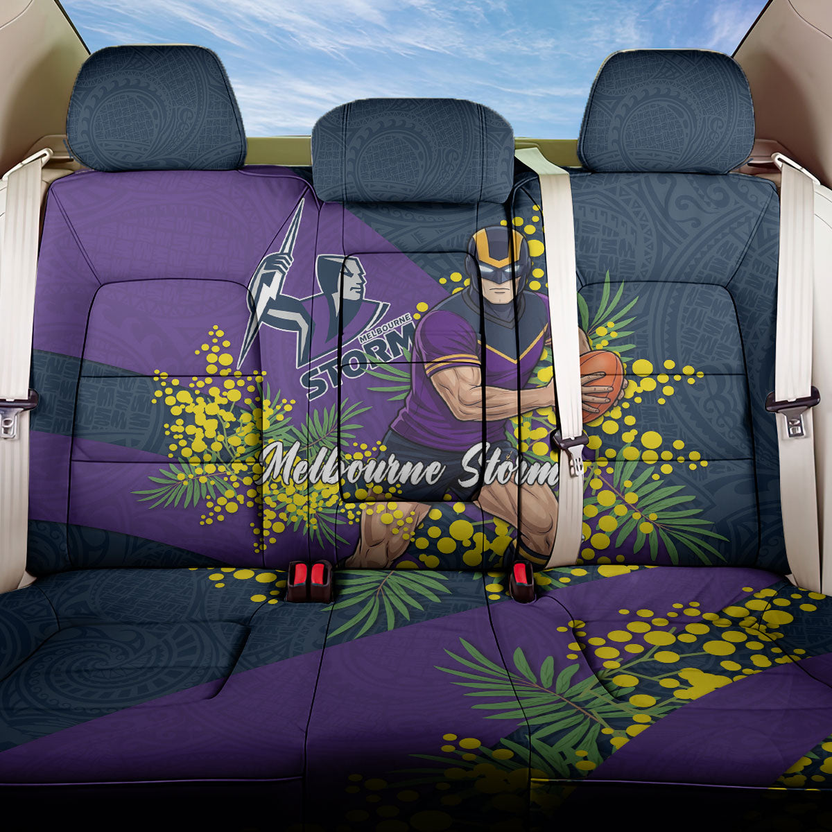 Melbourne Storm Back Car Seat Cover Golden Wattle Floral Polynesian - Australian Flower - Rugby Mascot