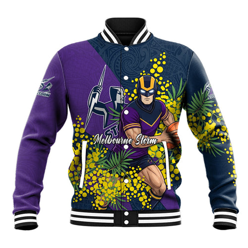 Melbourne Storm Baseball Jacket Golden Wattle Floral Polynesian - Australian Flower - Rugby Mascot