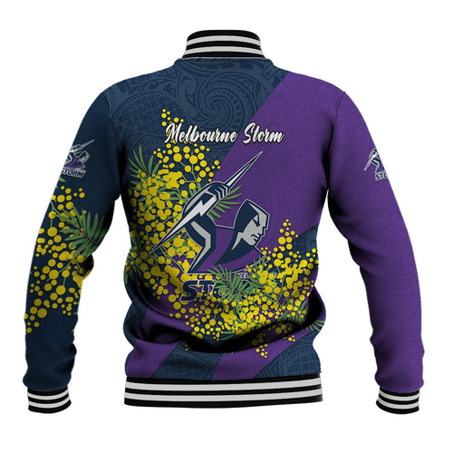 Melbourne Storm Baseball Jacket Golden Wattle Floral Polynesian - Australian Flower - Rugby Mascot