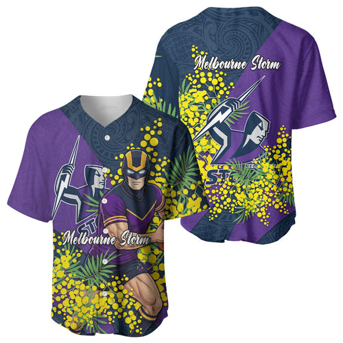 Melbourne Storm Baseball Jersey Golden Wattle Floral Polynesian - Australian Flower - Rugby Mascot
