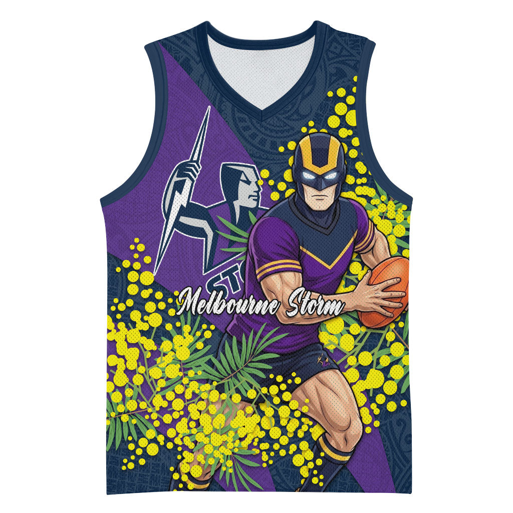 Melbourne Storm Basketball Jersey Golden Wattle Floral Polynesian - Australian Flower - Rugby Mascot