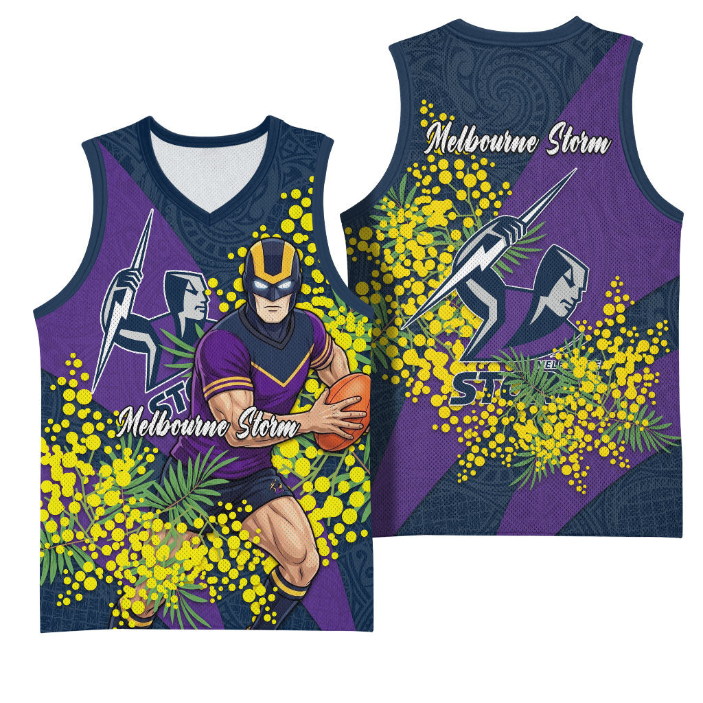 Melbourne Storm Basketball Jersey Golden Wattle Floral Polynesian - Australian Flower - Rugby Mascot