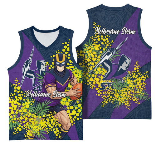 Melbourne Storm Basketball Jersey Golden Wattle Floral Polynesian - Australian Flower - Rugby Mascot