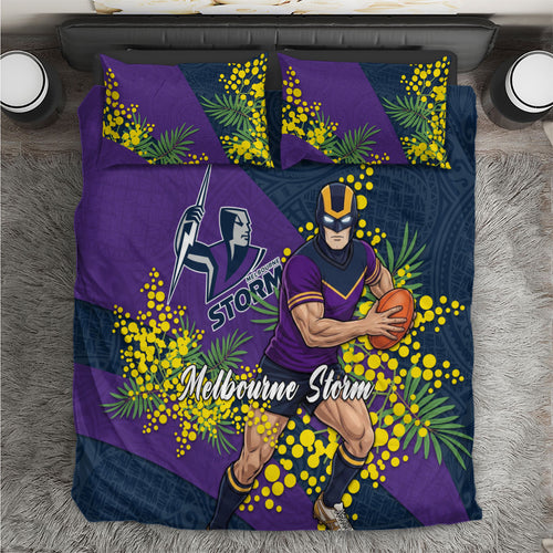 Melbourne Storm Bedding Set Golden Wattle Floral Polynesian - Australian Flower - Rugby Mascot