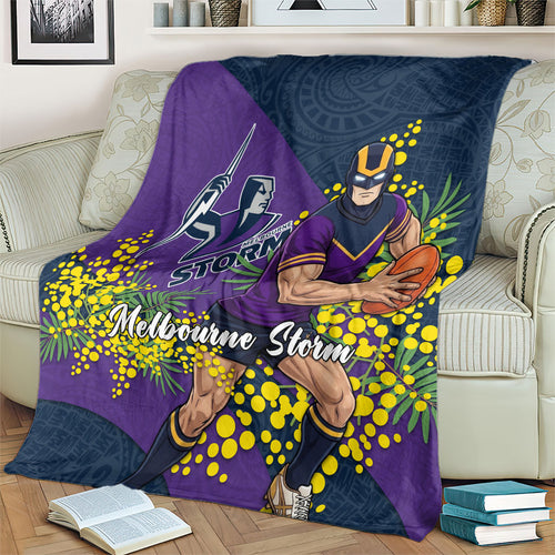 Melbourne Storm Blanket Golden Wattle Floral Polynesian - Australian Flower - Rugby Mascot