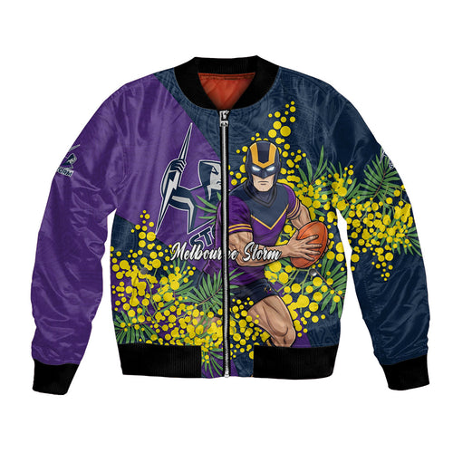 Melbourne Storm Bomber Jacket Golden Wattle Floral Polynesian - Australian Flower - Rugby Mascot