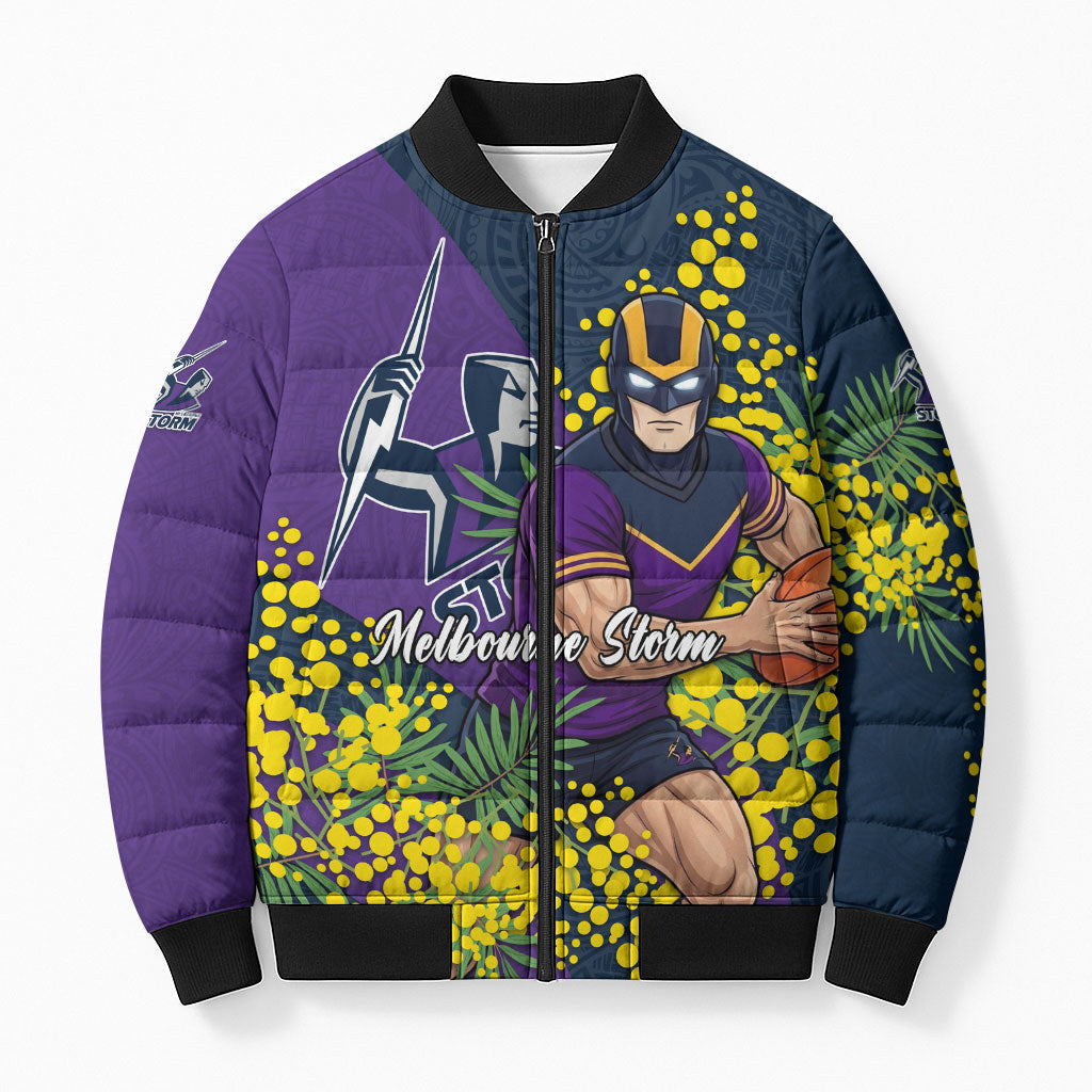 Melbourne Storm Bomber Puffer Jacket Golden Wattle Floral Polynesian - Australian Flower - Rugby Mascot