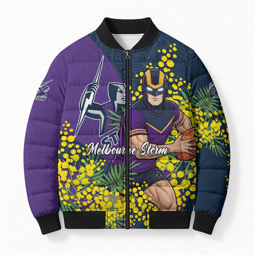 Melbourne Storm Bomber Puffer Jacket Golden Wattle Floral Polynesian - Australian Flower - Rugby Mascot