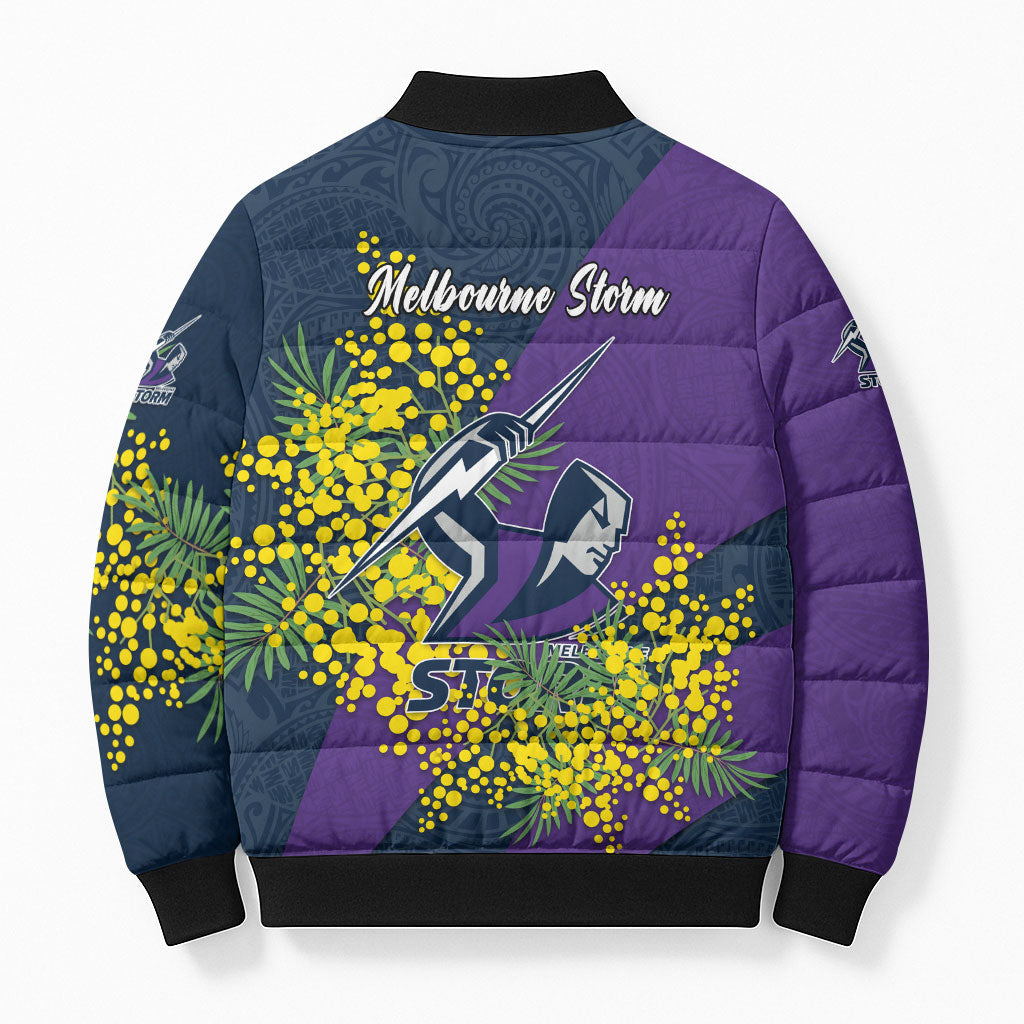 Melbourne Storm Bomber Puffer Jacket Golden Wattle Floral Polynesian - Australian Flower - Rugby Mascot